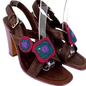 VINTAGE PRADA CROCHET DETAIL BROWN LEATHER CHUNKY HEEL SANDAL SZ 5.5 or 35.5